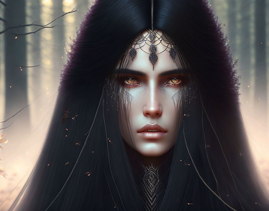 Digital artwork featuring a person with pale skin, violet eyes, black hair, and facial jewelry in an