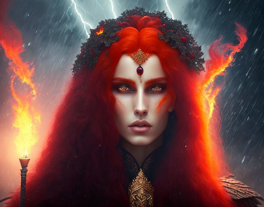 Digital artwork: Woman with fiery red hair and eyes against flames and lightning-filled sky