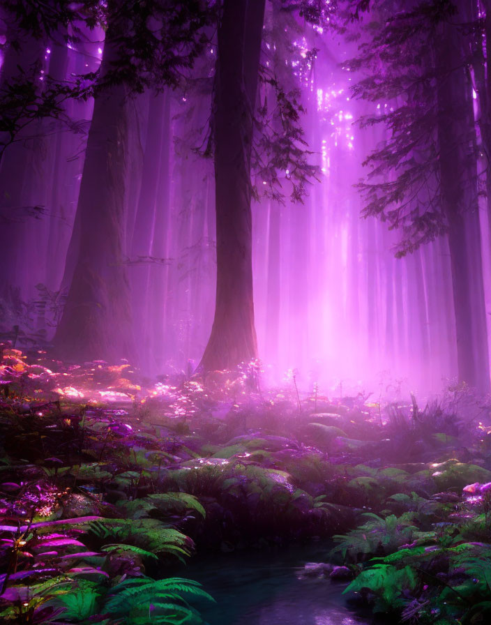 Enchanting forest scene with purple light, mist, stream, and green foliage