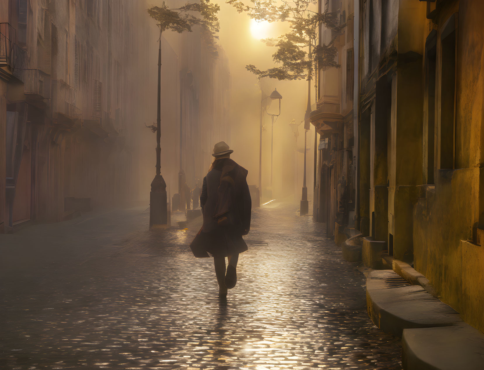 Person in Coat and Hat Walking on Cobblestone Street at Golden Sunrise