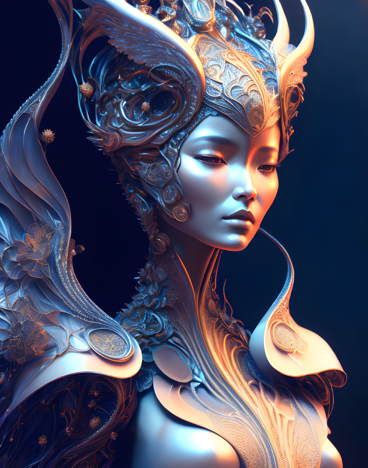 Detailed digital artwork: Woman in fantasy armor and headdress with ornate patterns in cool blue tones.