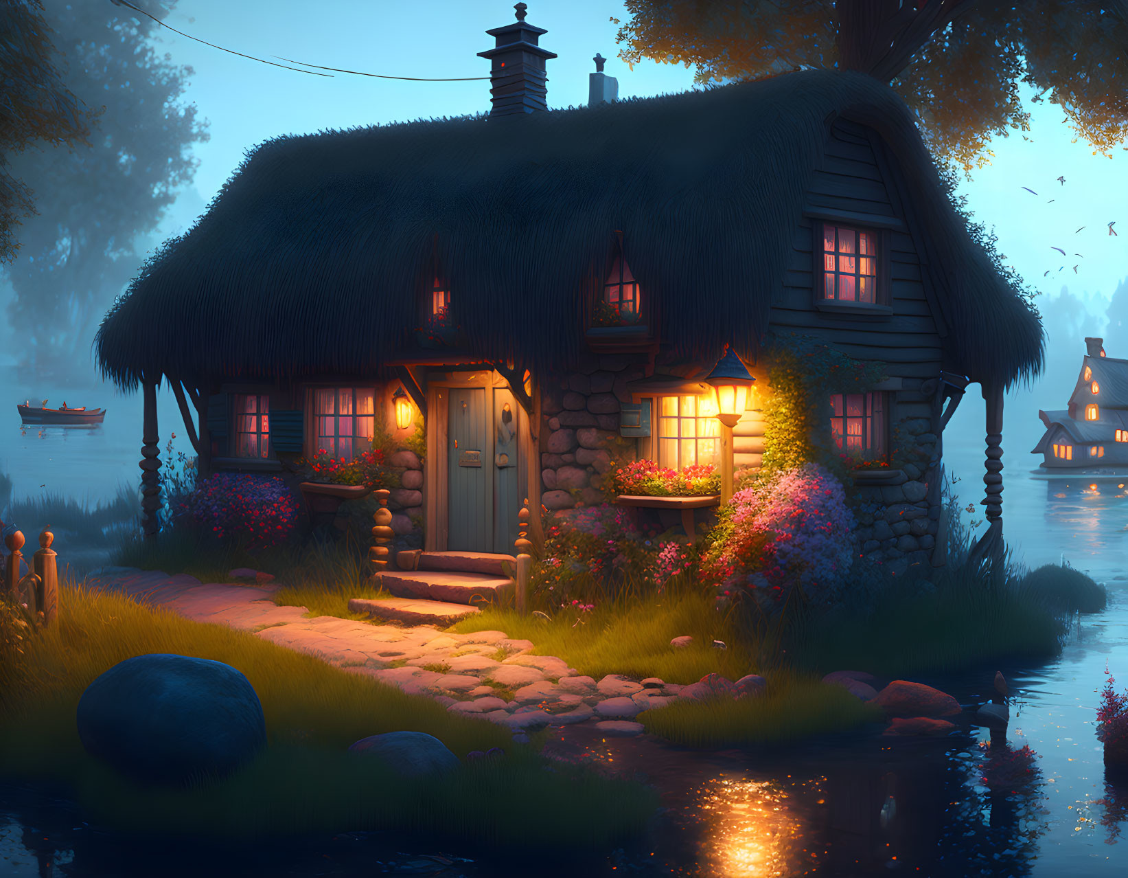 Thatched-Roof Cottage by Stream at Twilight