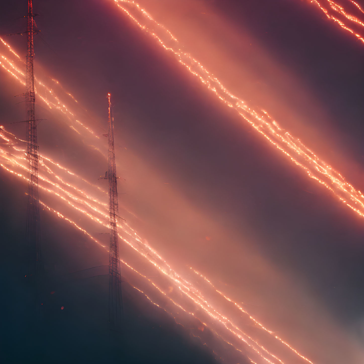 Communication towers against fiery streaks backdrop depicting urgency.