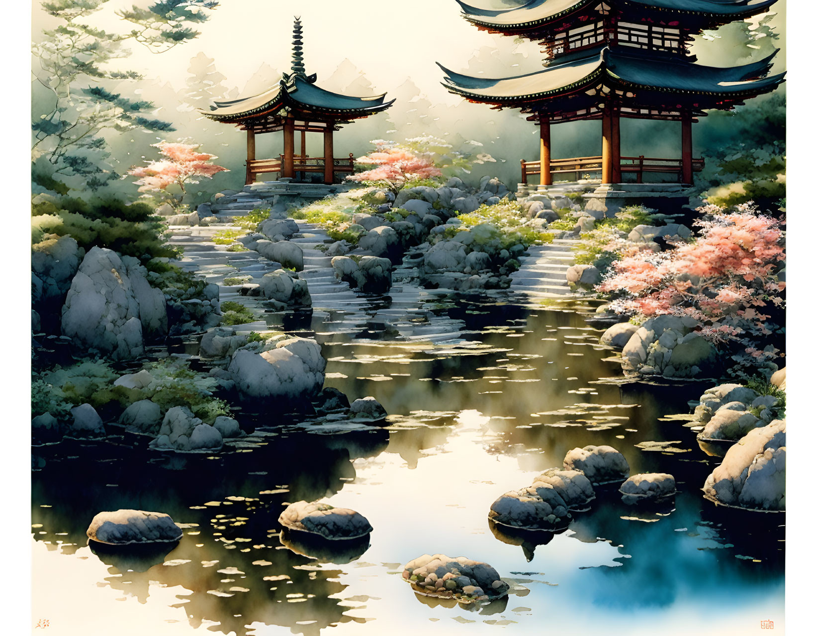 Japanese garden with pagodas, cherry blossoms, koi pond at sunset