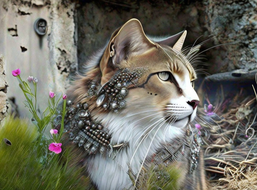 Majestic cat with striking markings and bejeweled neck accessories in natural setting