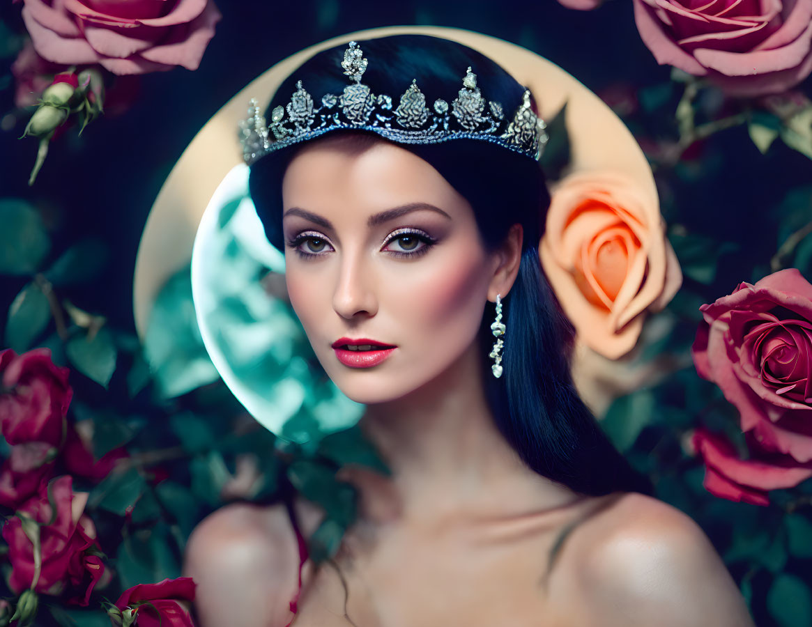 Regal woman with tiara and roses bouquet