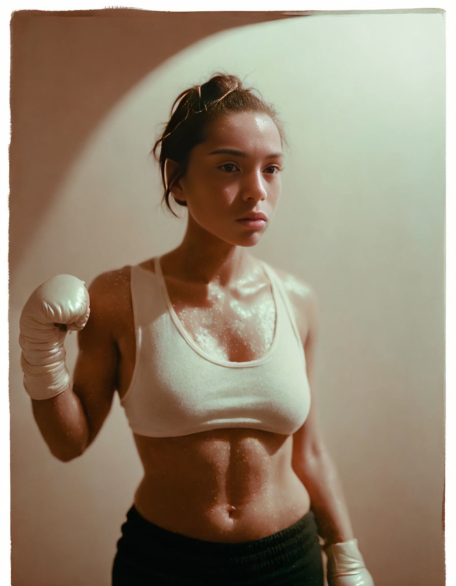 Boxing Gloves and Sports Top Worn by Focused Individual