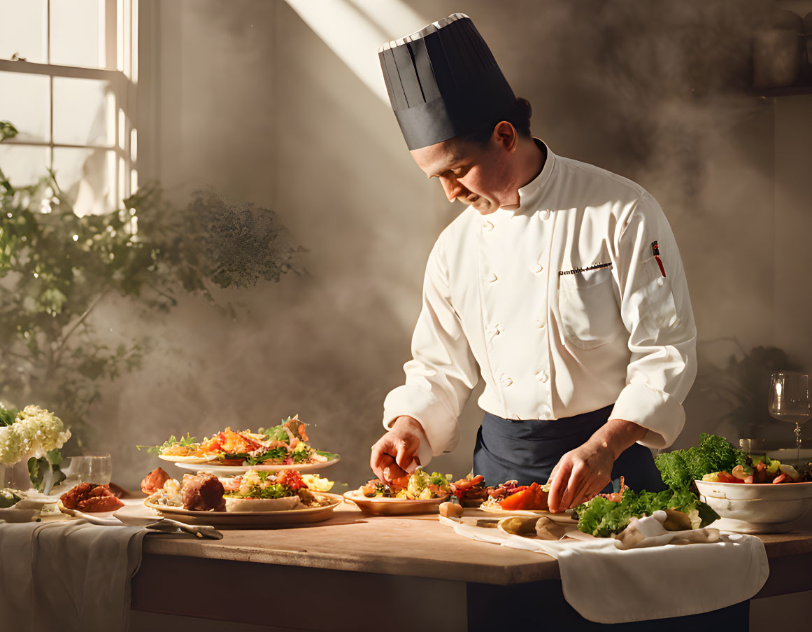 Chef garnishing dishes in sunlit kitchen with fresh ingredients