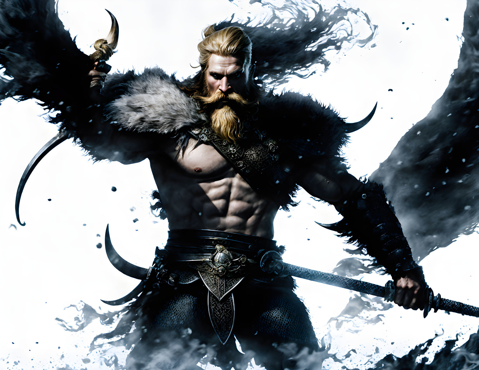 Muscular Viking warrior with axe and spear in splashing water