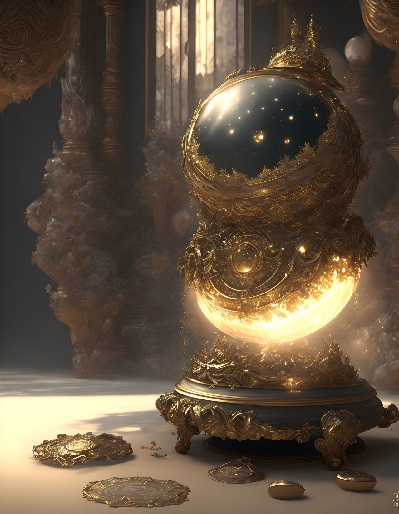 Golden sphere emitting starry cosmos on ornate pedestal surrounded by gold objects.