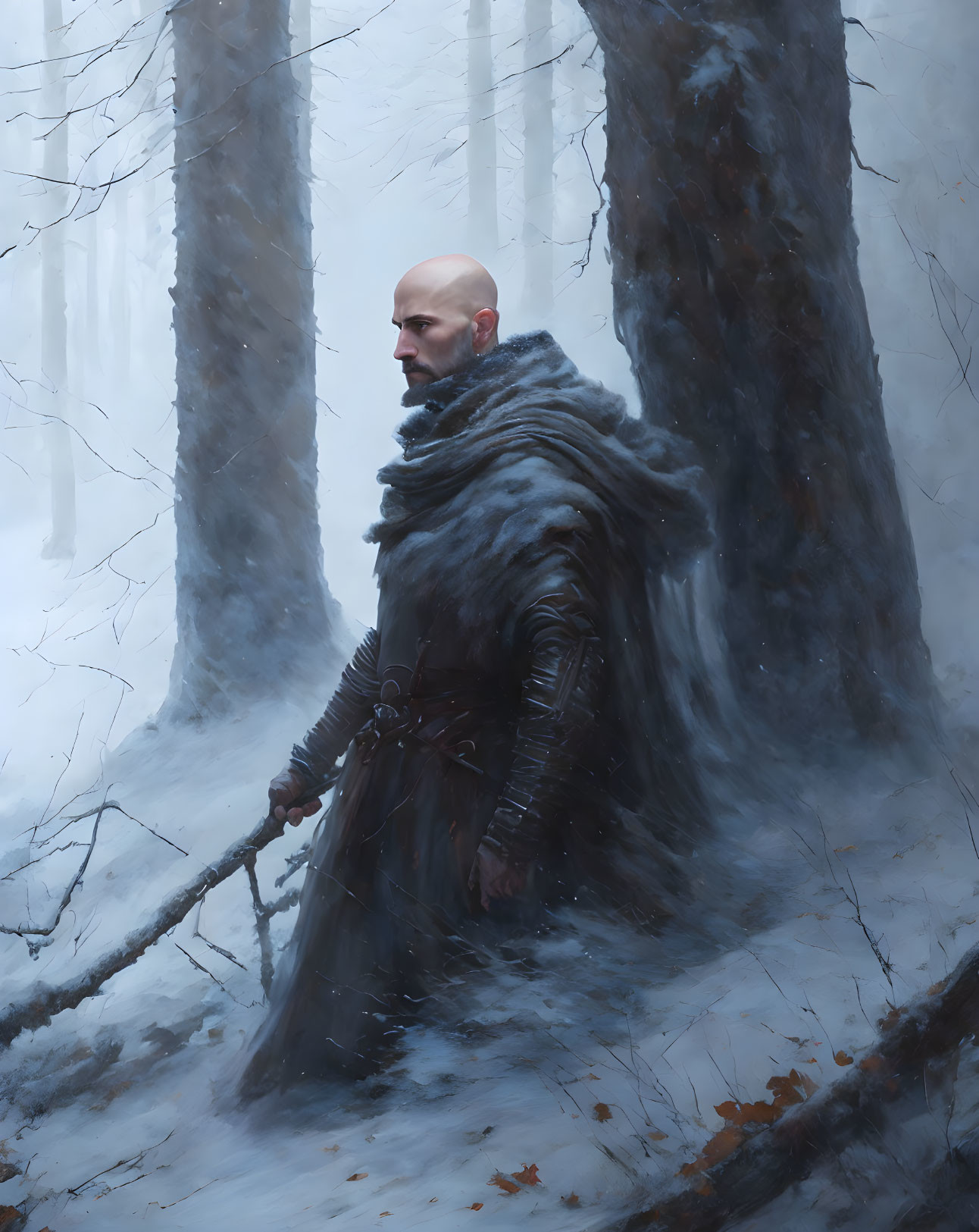 Bald Man in Fur Cloak Standing in Snowy Forest with Staff