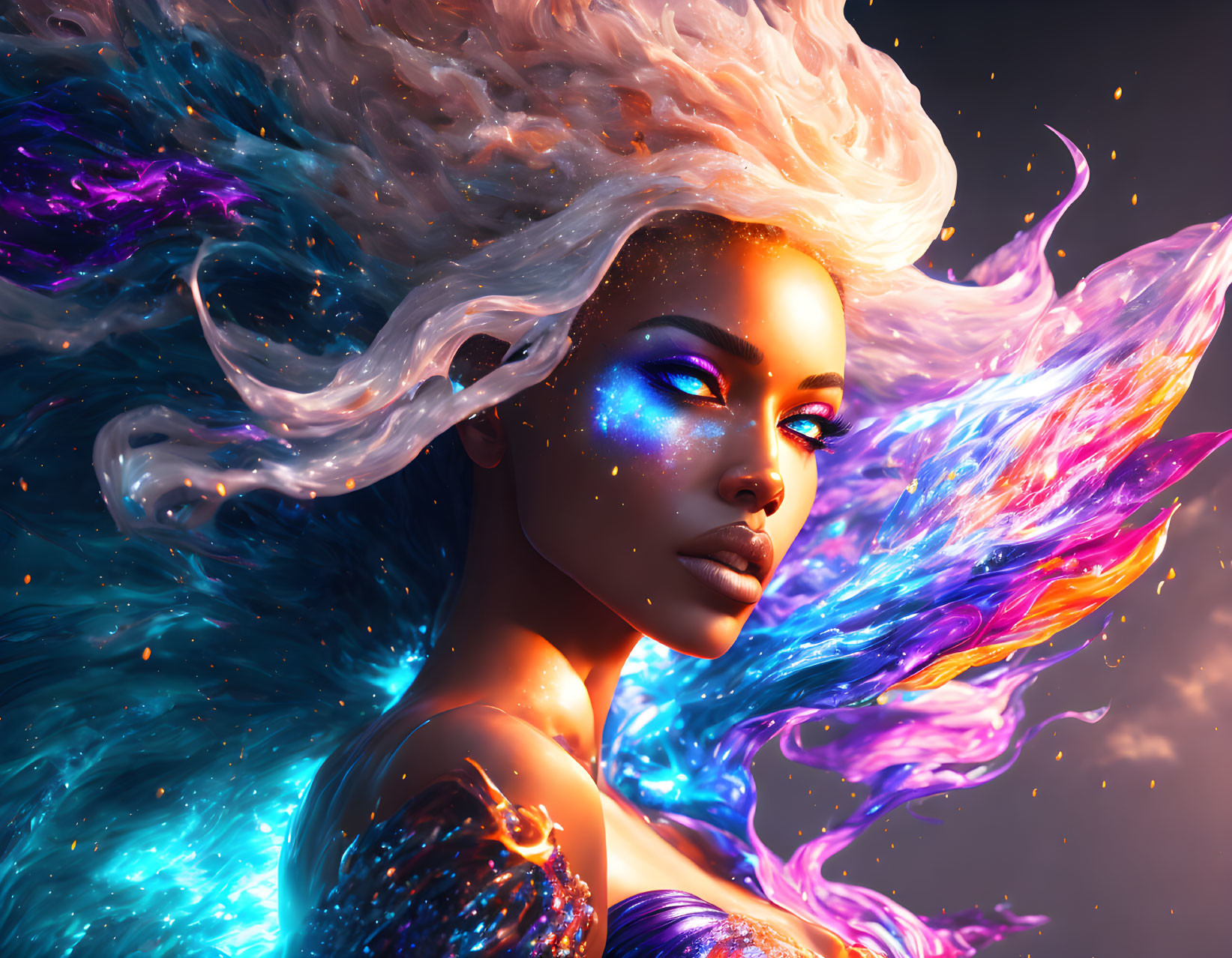 Colorful digital art portrait of a woman with cosmic makeup and flowing hair.