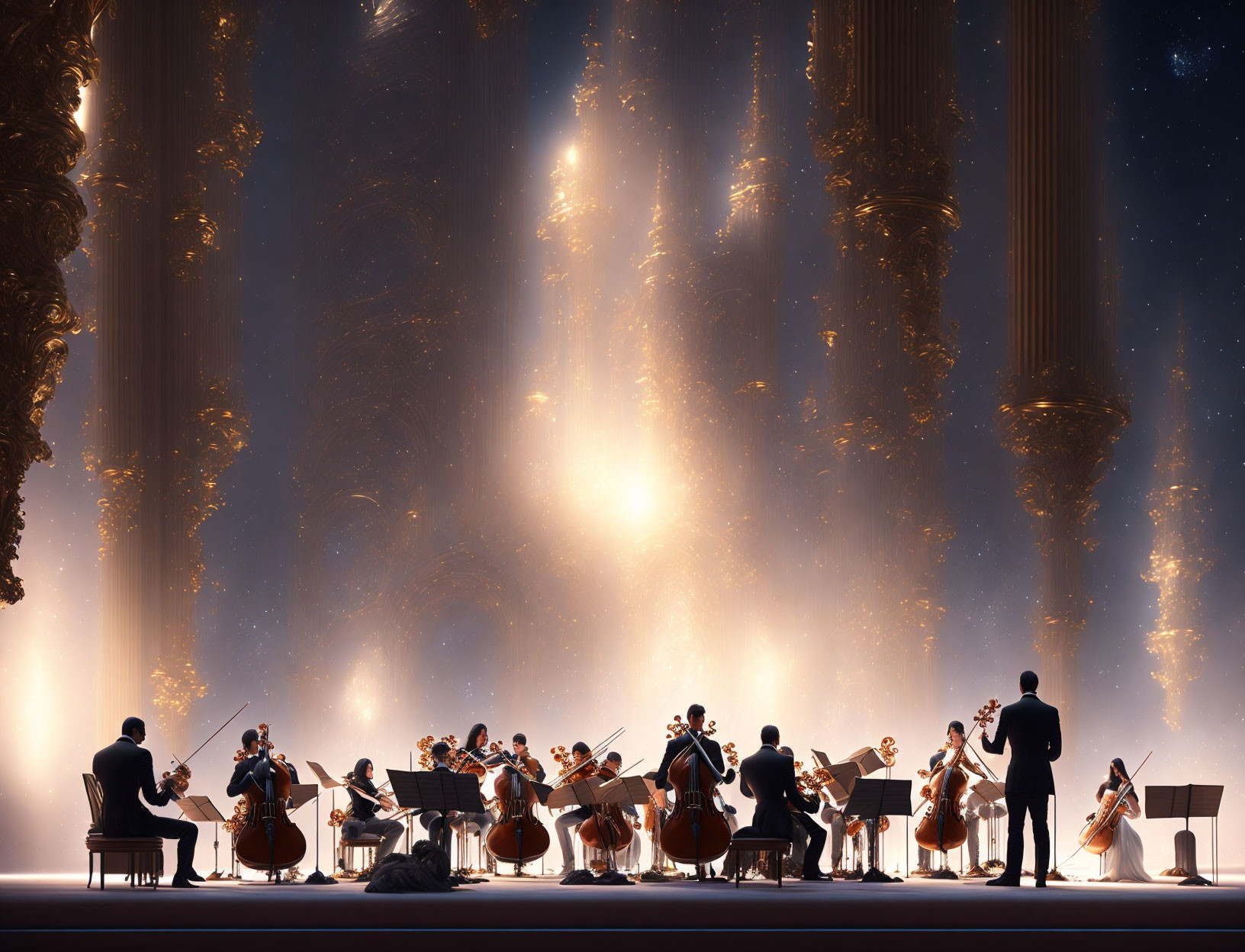 Orchestra performing under celestial backdrop with conductor and instrumentalists