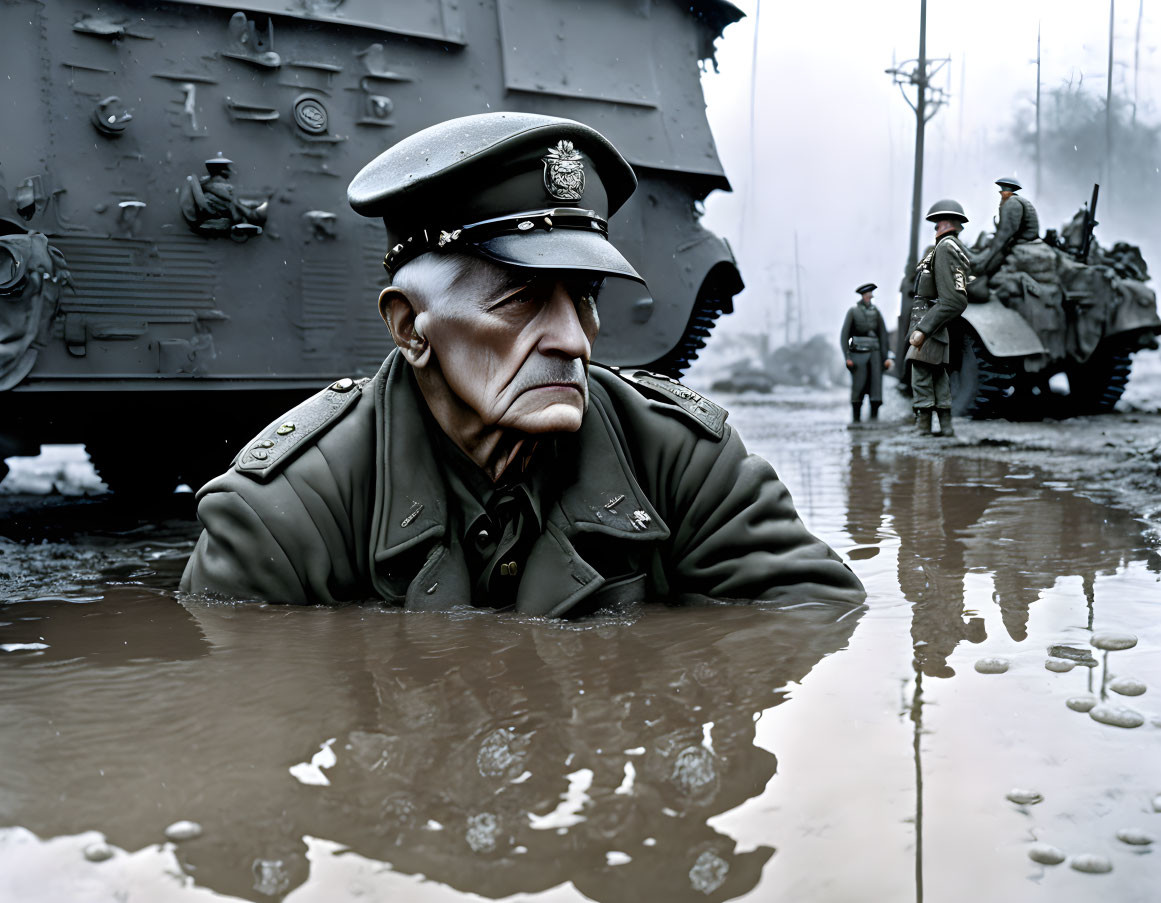 Military officer in uniform kneeling in muddy puddle with tank and soldiers in background