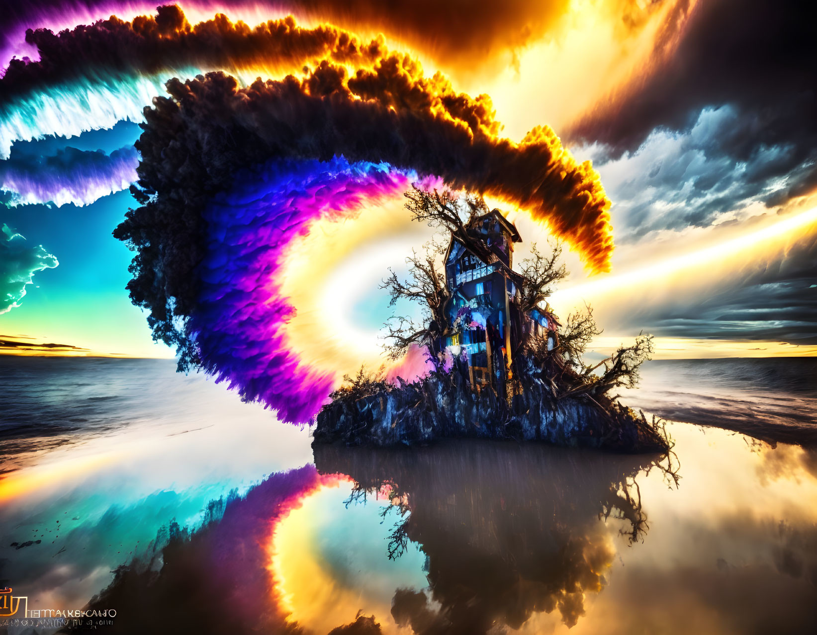 Colorful surreal landscape with isolated house on small island