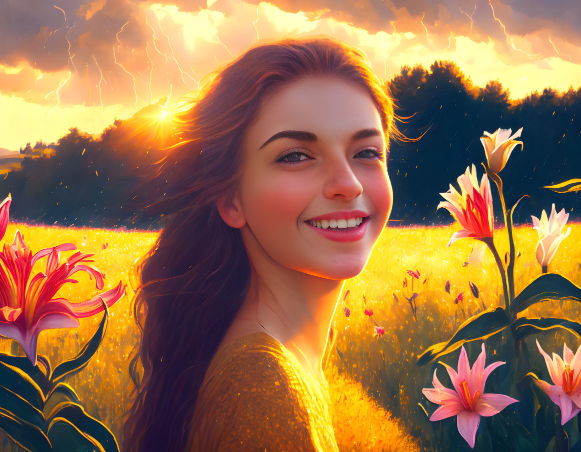 Smiling woman in field with pink flowers at sunset and lightning in sky