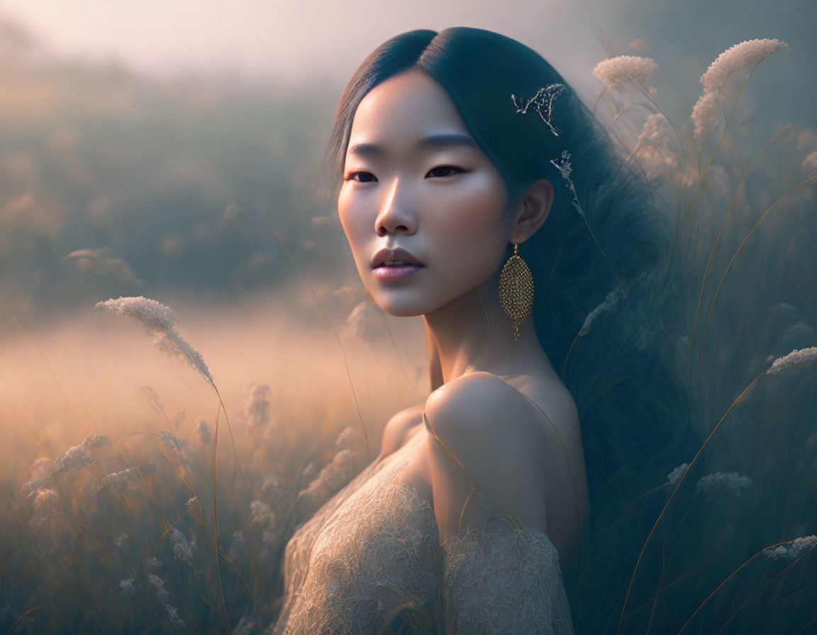 Elegant woman in lace dress amidst golden field at dusk