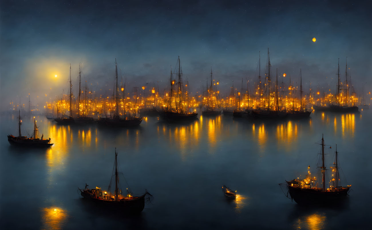 Nighttime harbor scene with sailing ships, lantern light, starry sky, and moon reflection.