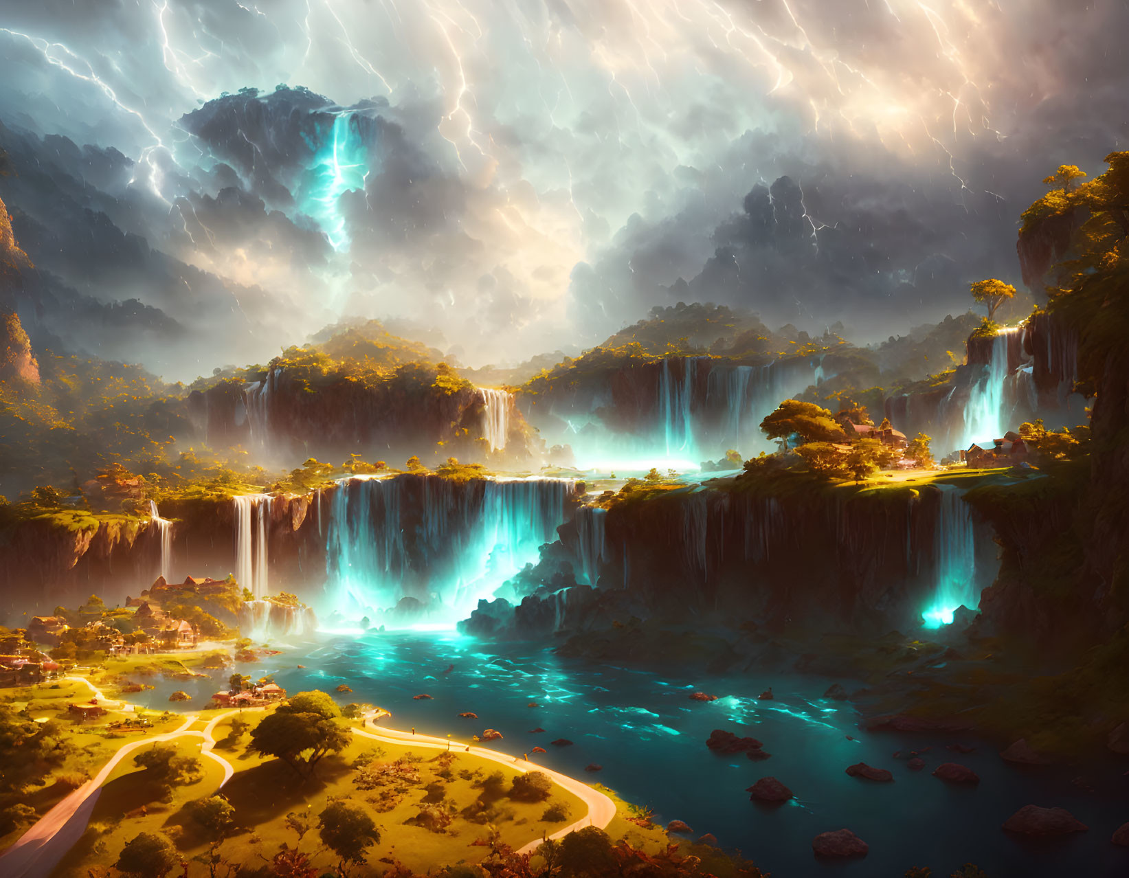 Vibrant illuminated waterfalls in a stormy sky landscape