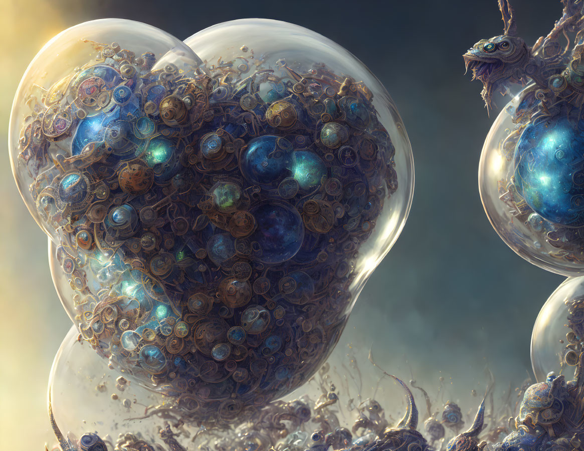 Fantastical heart-shaped bubbles with cosmic scenes and whimsical creatures