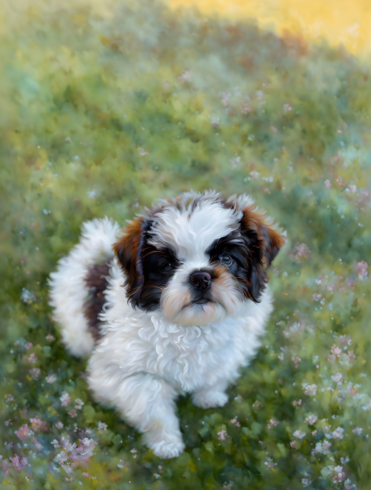 Tricolor puppy surrounded by pastel flowers