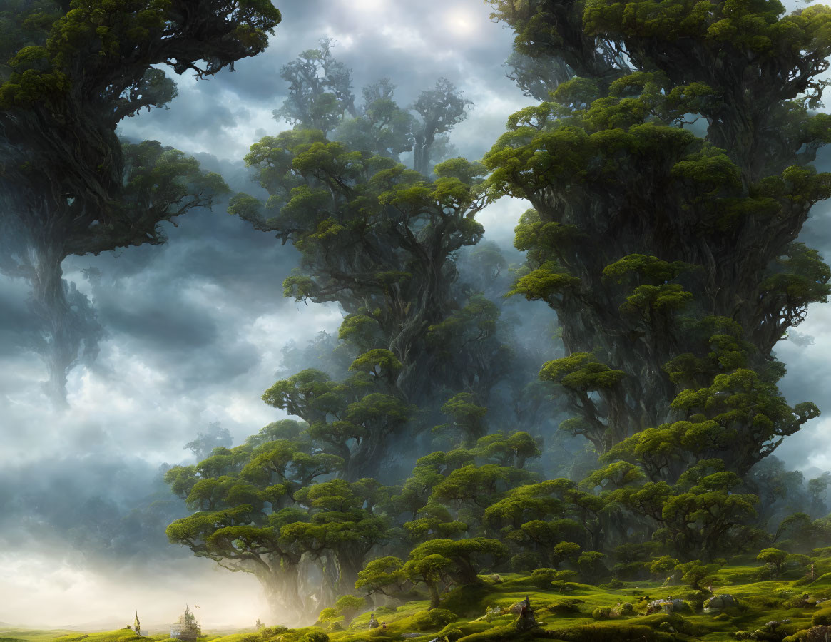 Enchanting forest landscape with misty ancient trees in soft sunlight