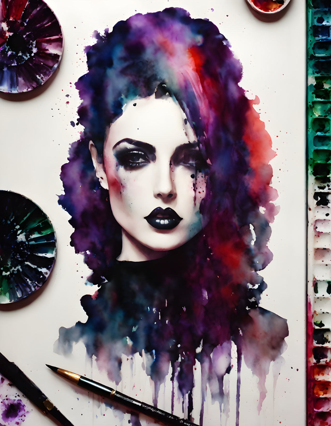 Colorful Watercolor Portrait of Woman with Multicolored Hair