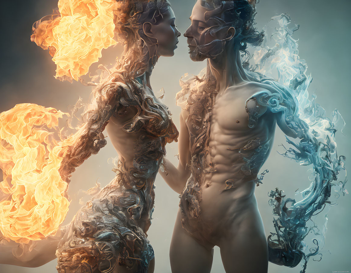 Ethereal humanoid figures with elemental designs in mirroring pose