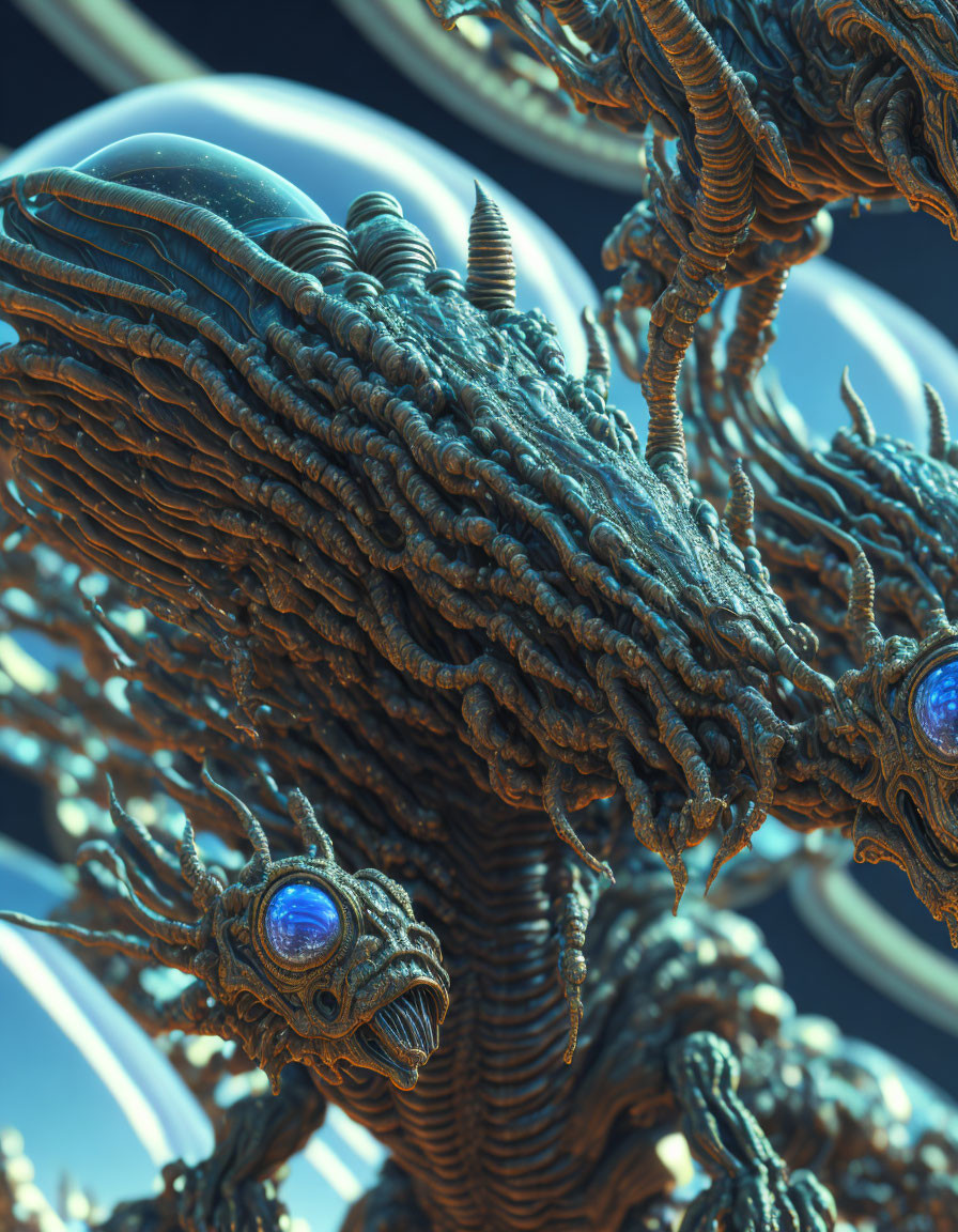 Intricate fractal entities with blue eyes on swirling background