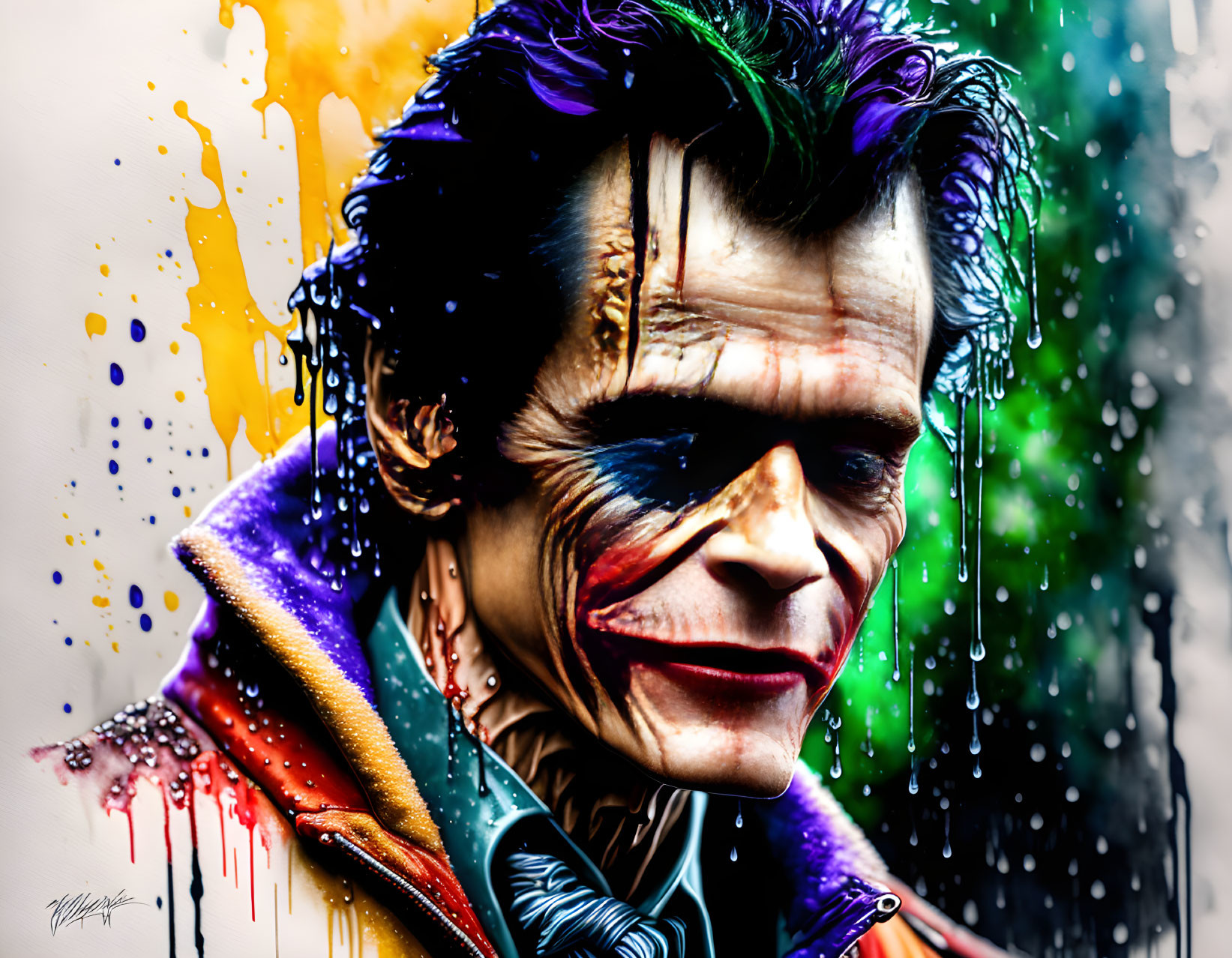 Colorful Joker artwork with paint drips and rain on blurred green background