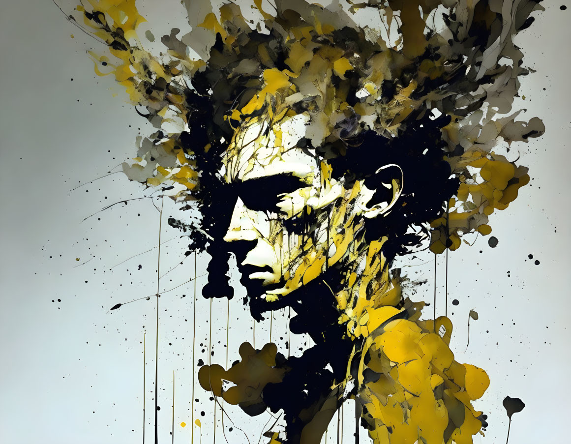 Abstract face art with explosive yellow and black paint splatters