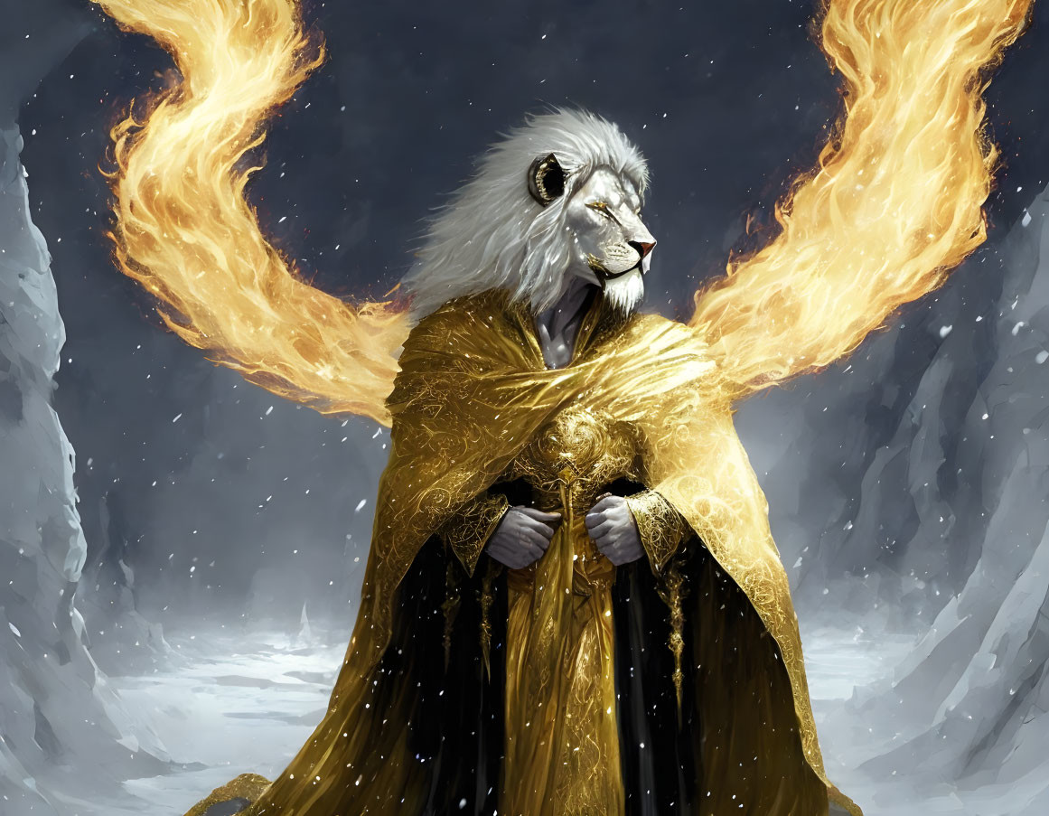 Lion-faced humanoid in golden cloak with fiery wings in snowy landscape