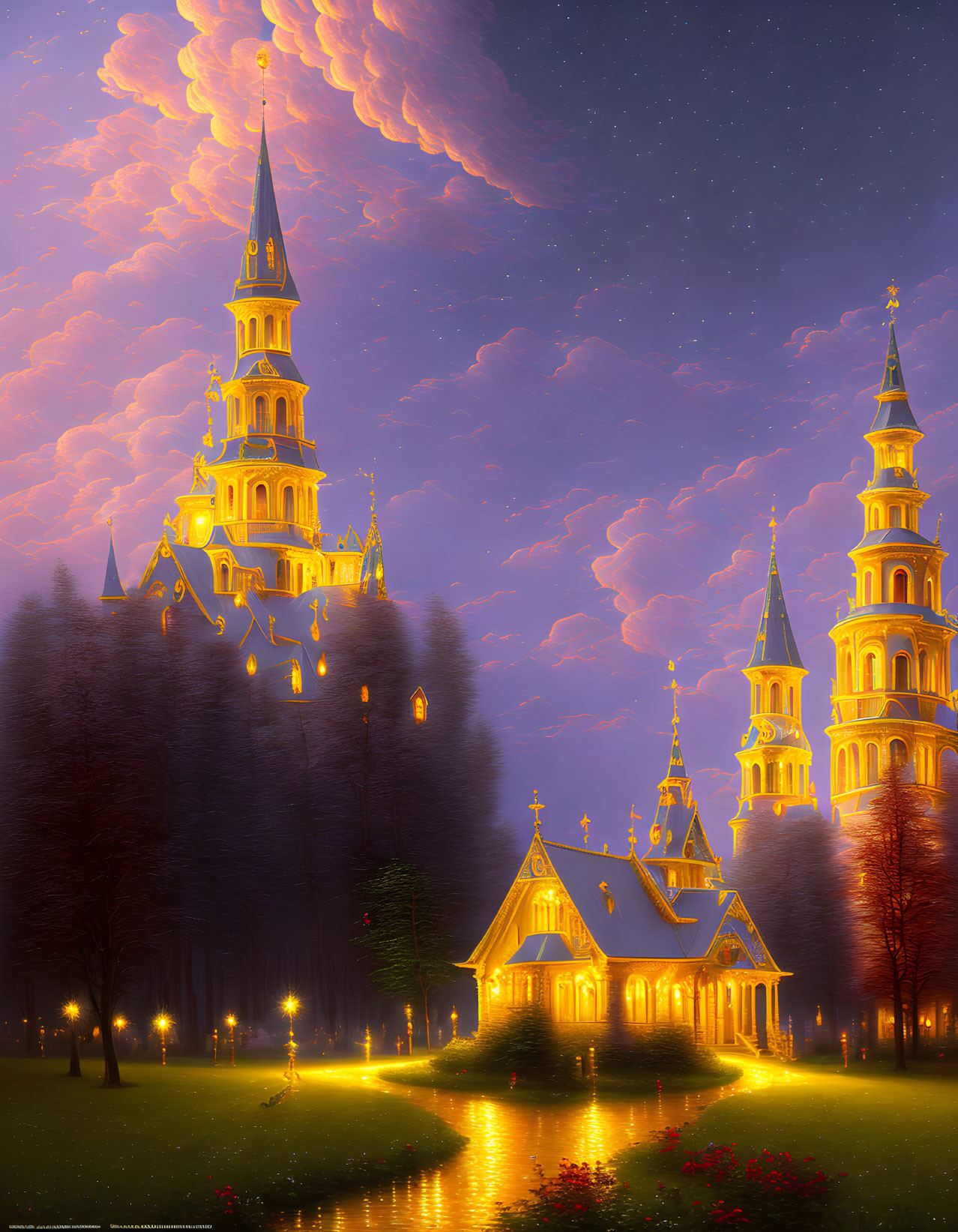 Digital artwork of illuminated castle in tranquil forest at dusk