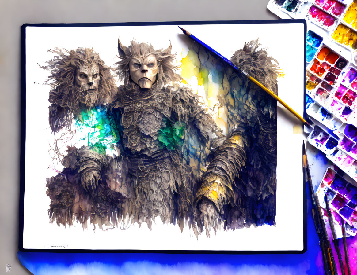 Fantasy character with lion-like features holding a staff beside watercolor paints and brush