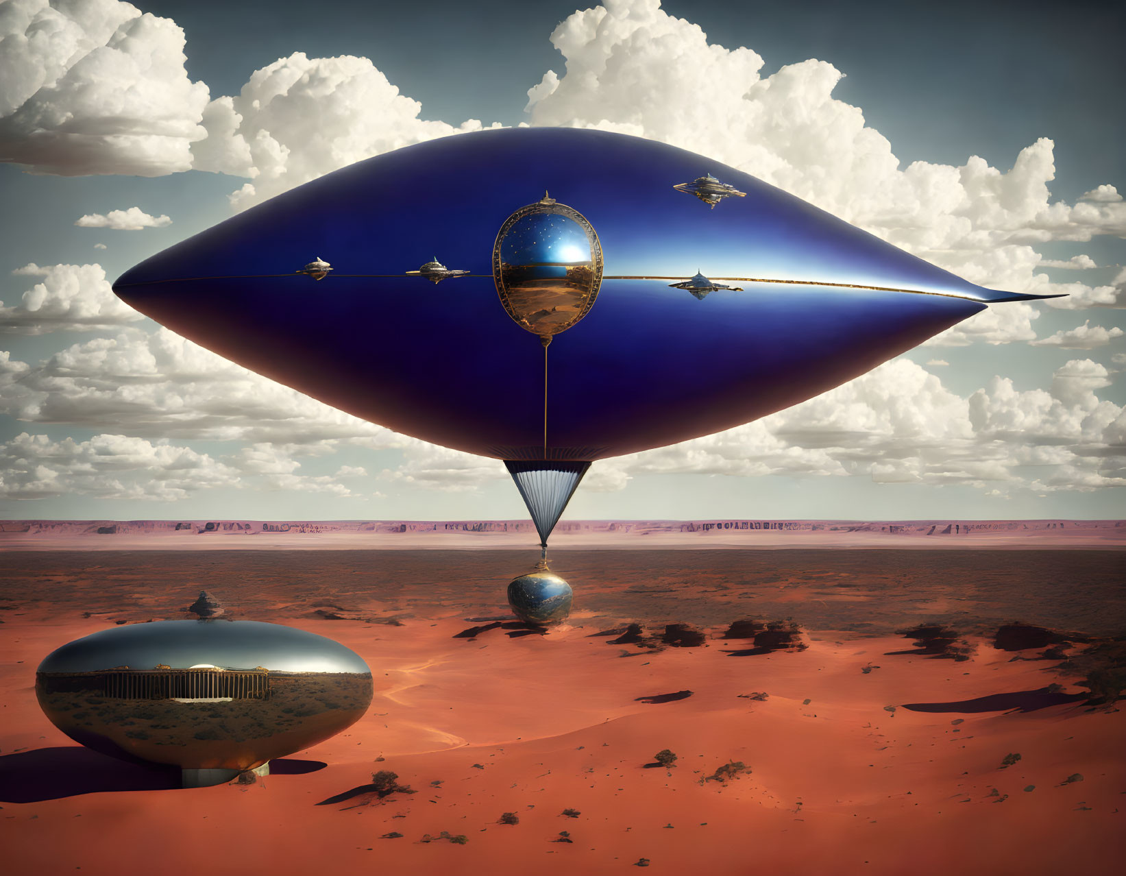 Blue futuristic airship over desert with aircraft and structure in cloudy sky