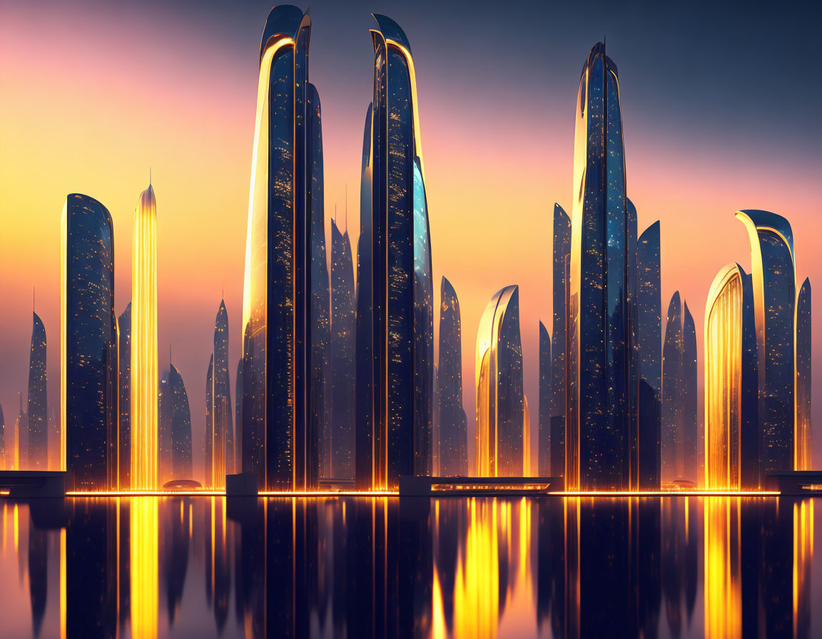 Futuristic city skyline at sunset with sleek skyscrapers and golden-pink hues.