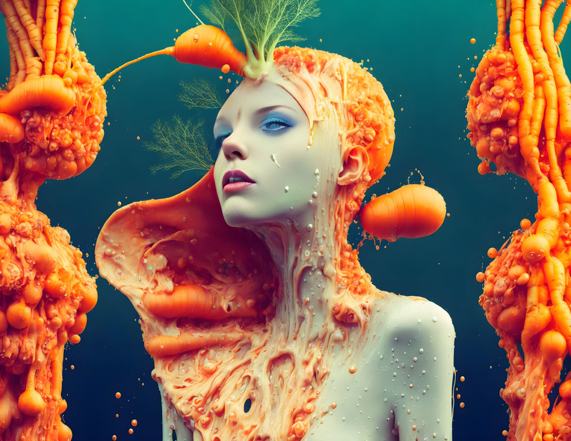 Surreal portrait of person with carrot-like features and vibrant orange headdress on teal backdrop