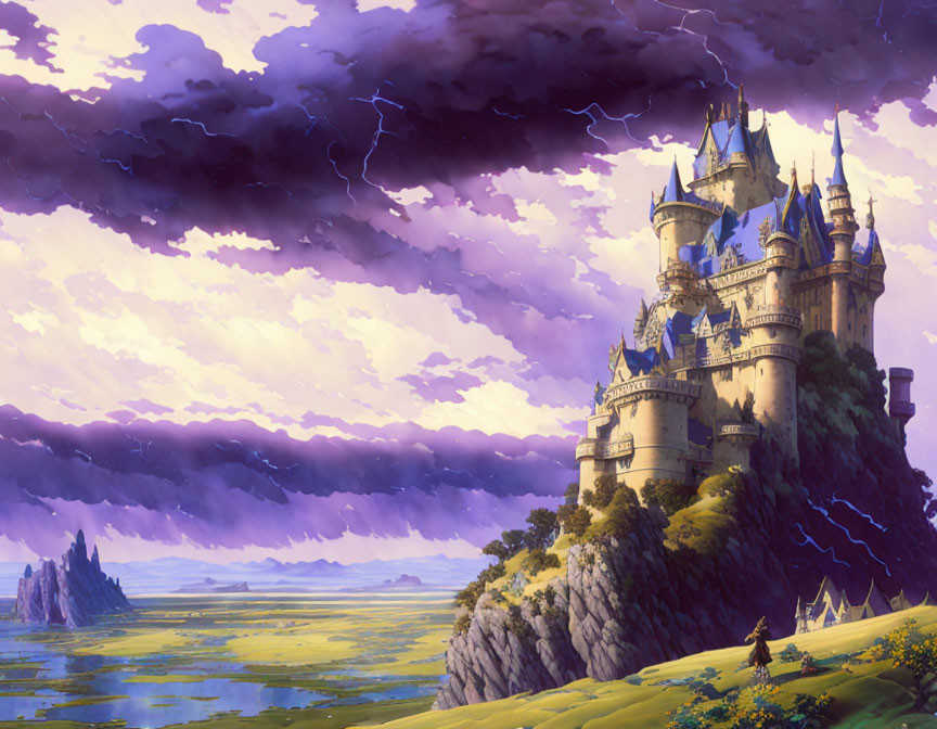 Majestic castle on cliff in stormy sky overlooking lush plain