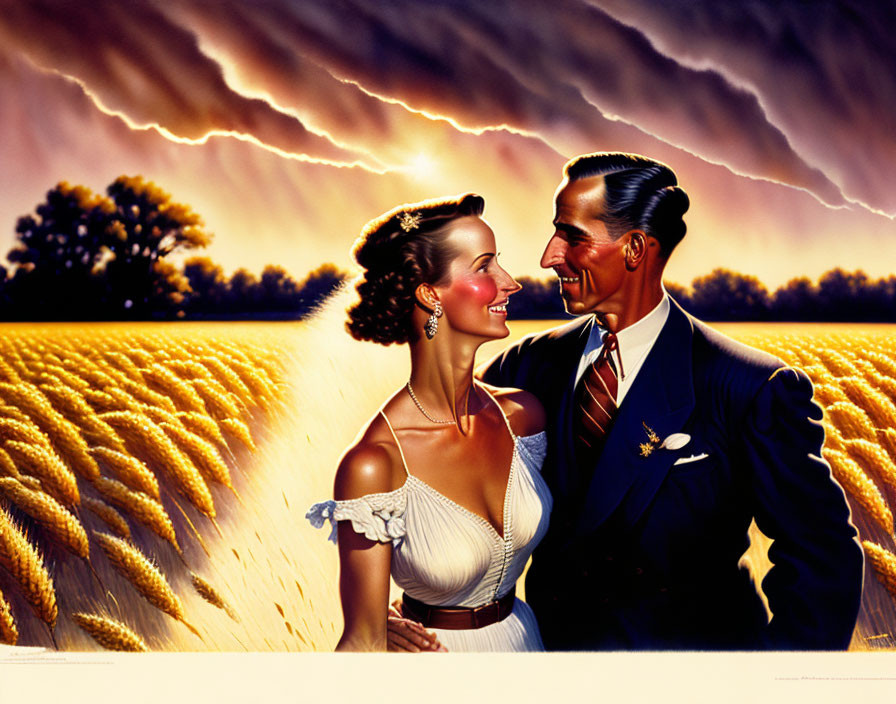 Smiling couple embracing in wheat field under stormy sky