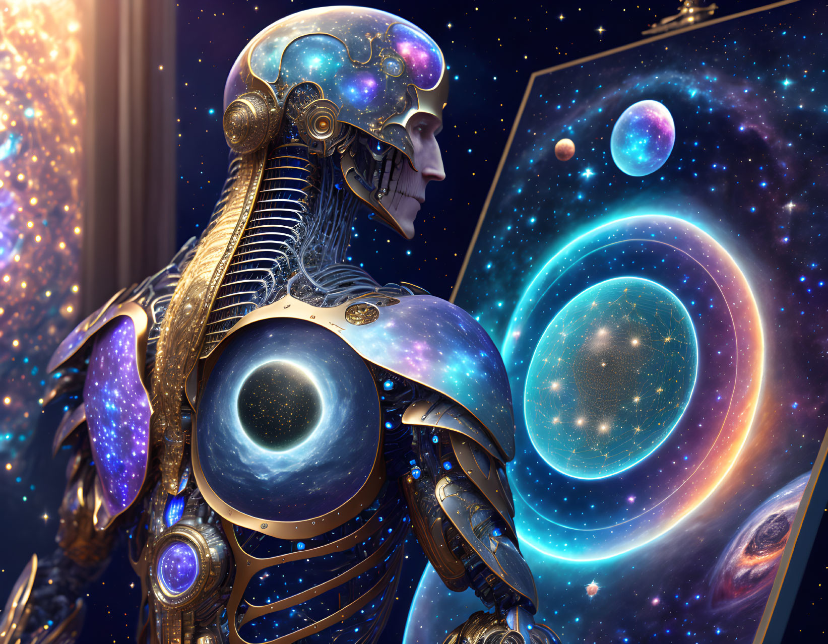 Futuristic robot with cosmos-themed exterior and golden details gazes at space scene