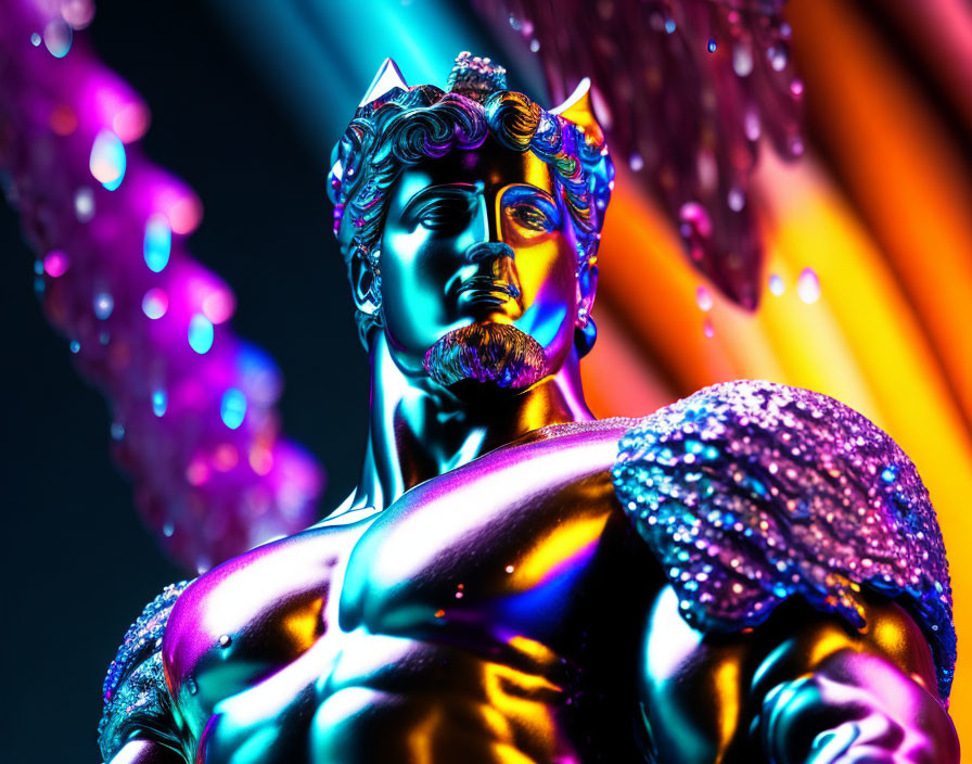 Multicolored lighting effect on metallic statue with classical masculine figure