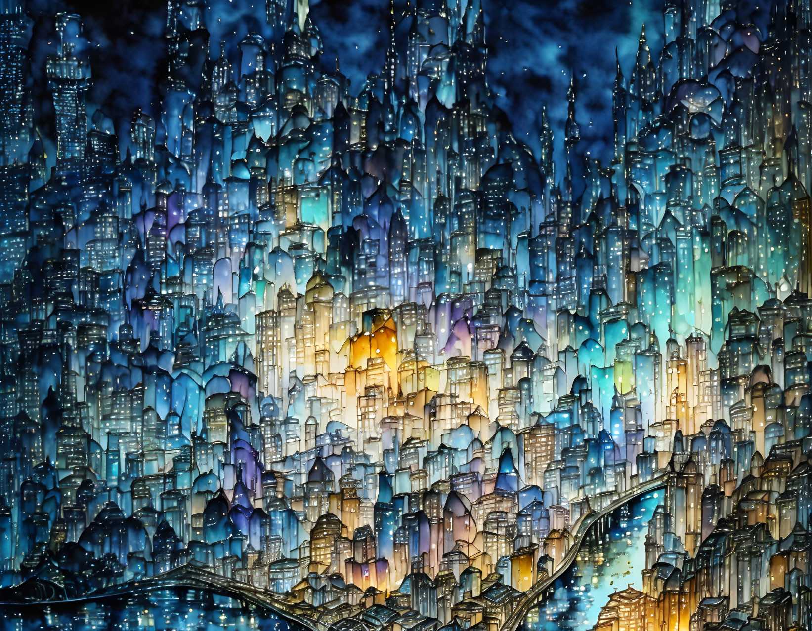 Fantastical Night Cityscape with Blue and Golden Hues