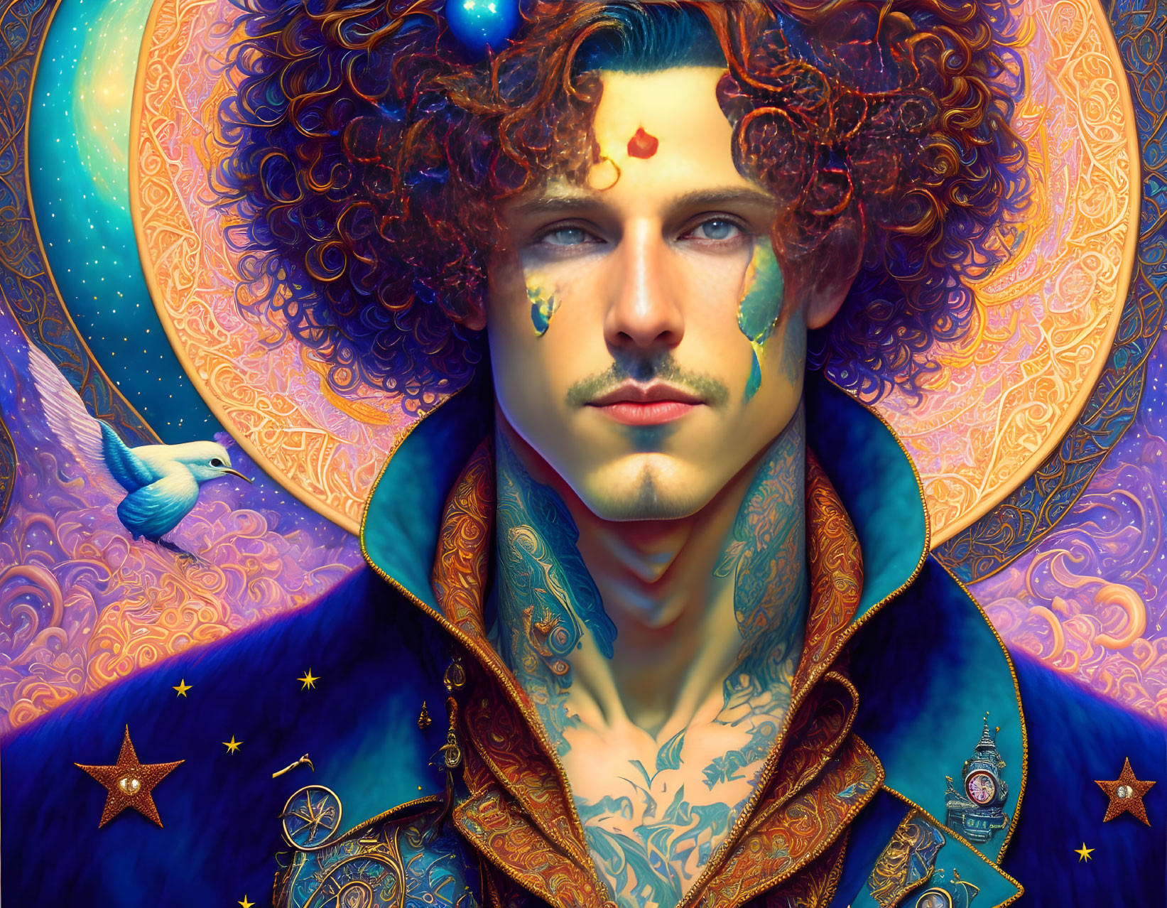 Man with Curly Hair in Blue Robe with Cosmic and Mystical Motifs