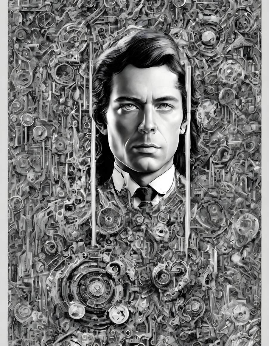 Monochrome portrait of a man with long hair against mechanical gears.