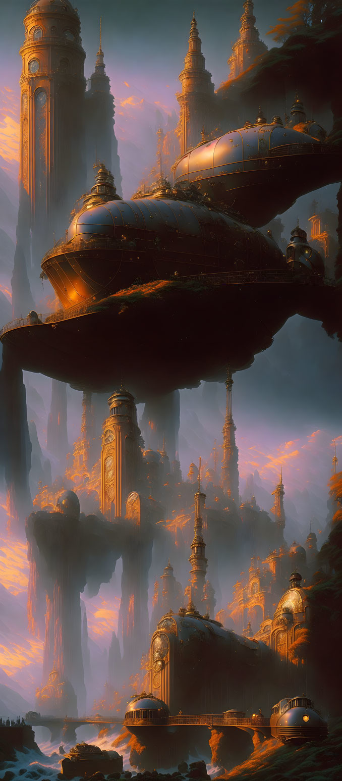 Fantastical cityscape with towering spires and airship in warm sunset glow