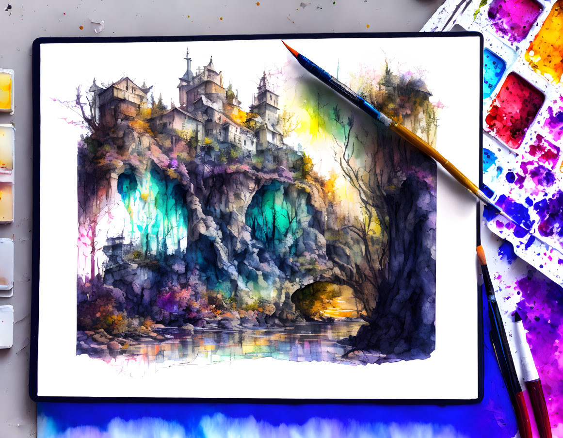 Vibrant watercolor painting of fantasy landscape on digital tablet