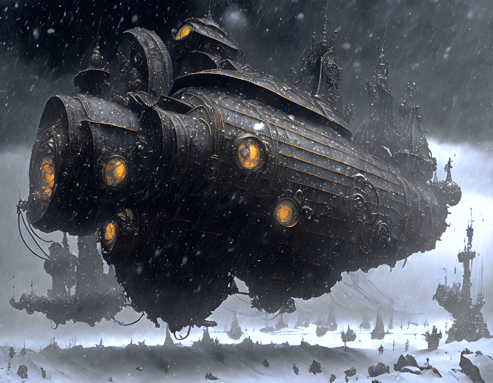 Futuristic hovercraft in snowy landscape with illuminated engines