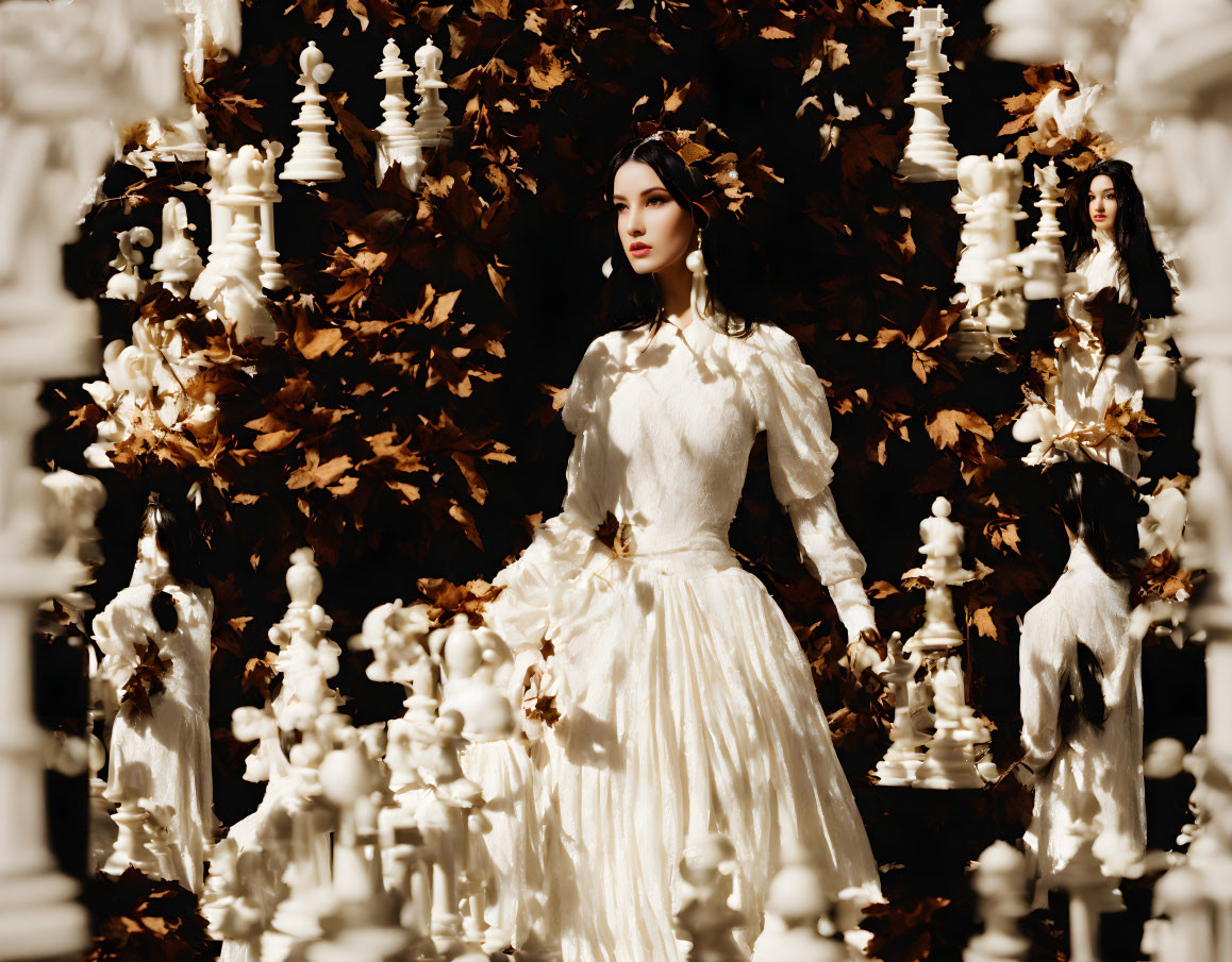 Vintage white dress woman among oversized chess pieces and autumn leaves.