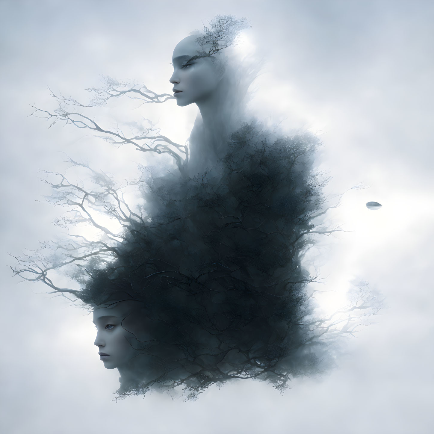 Surreal image: Two faces with tree branch-like hair against misty sky