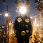 Glowing figure in ornate uniform amid golden lights and machinery